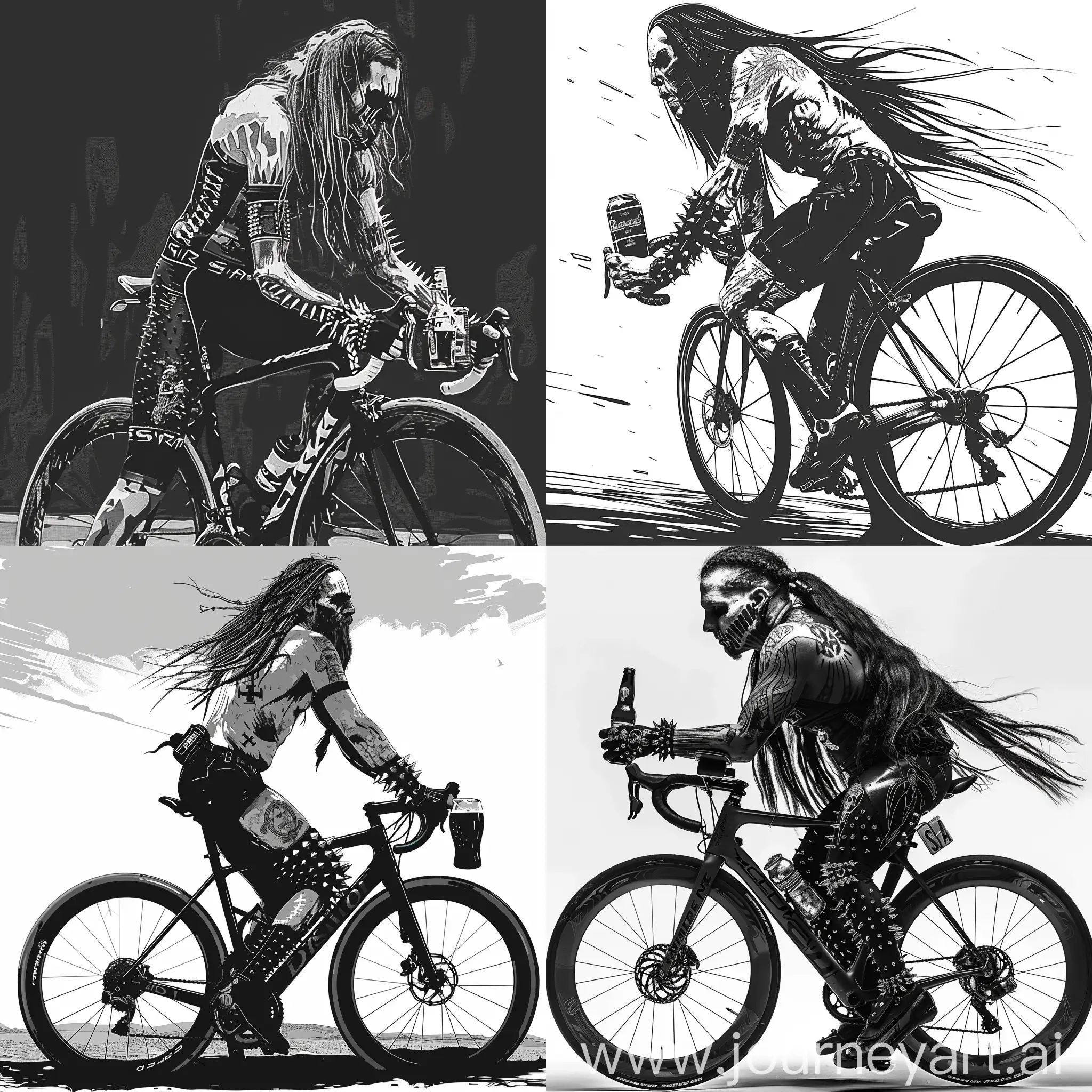 блэк металист в corps paint, на шоссейном велосипеде, в напульсниках с шипами, длинные волосы, чёрно белая картинка, в графическом стиле, вид с боку, с пивом в руке 