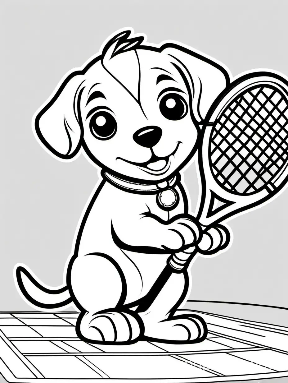 PUPPY PLAYING TENIS. WHITE BACKGROUND, Coloring Page, black and white, line art, white background, Simplicity, Ample White Space. The background of the coloring page is plain white to make it easy for young children to color within the lines. The outlines of all the subjects are easy to distinguish, making it simple for kids to color without too much difficulty