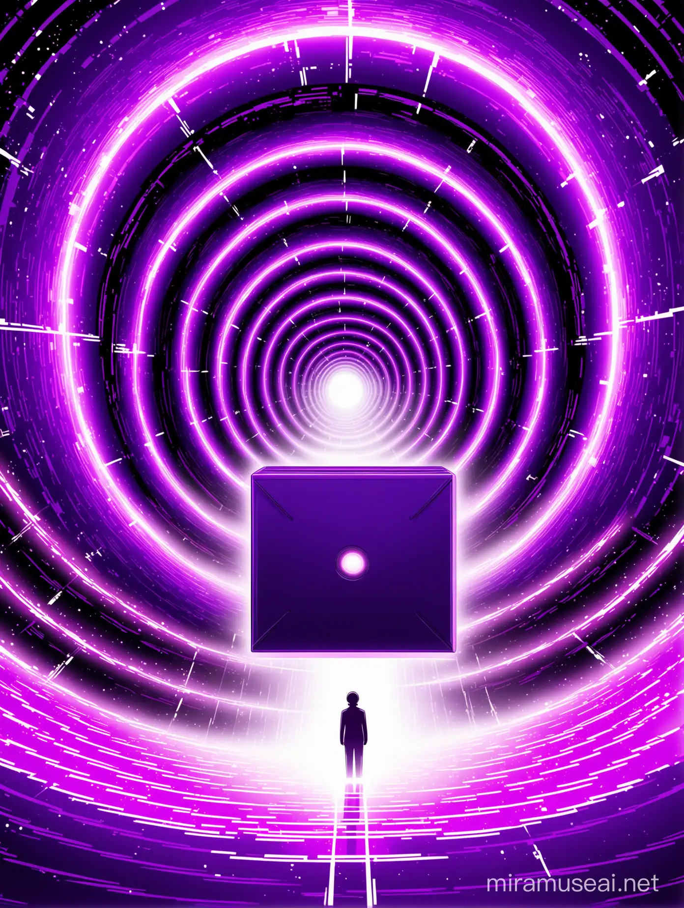 Futuristic Purple Box Emerging from Time Tunnel in Technological Setting