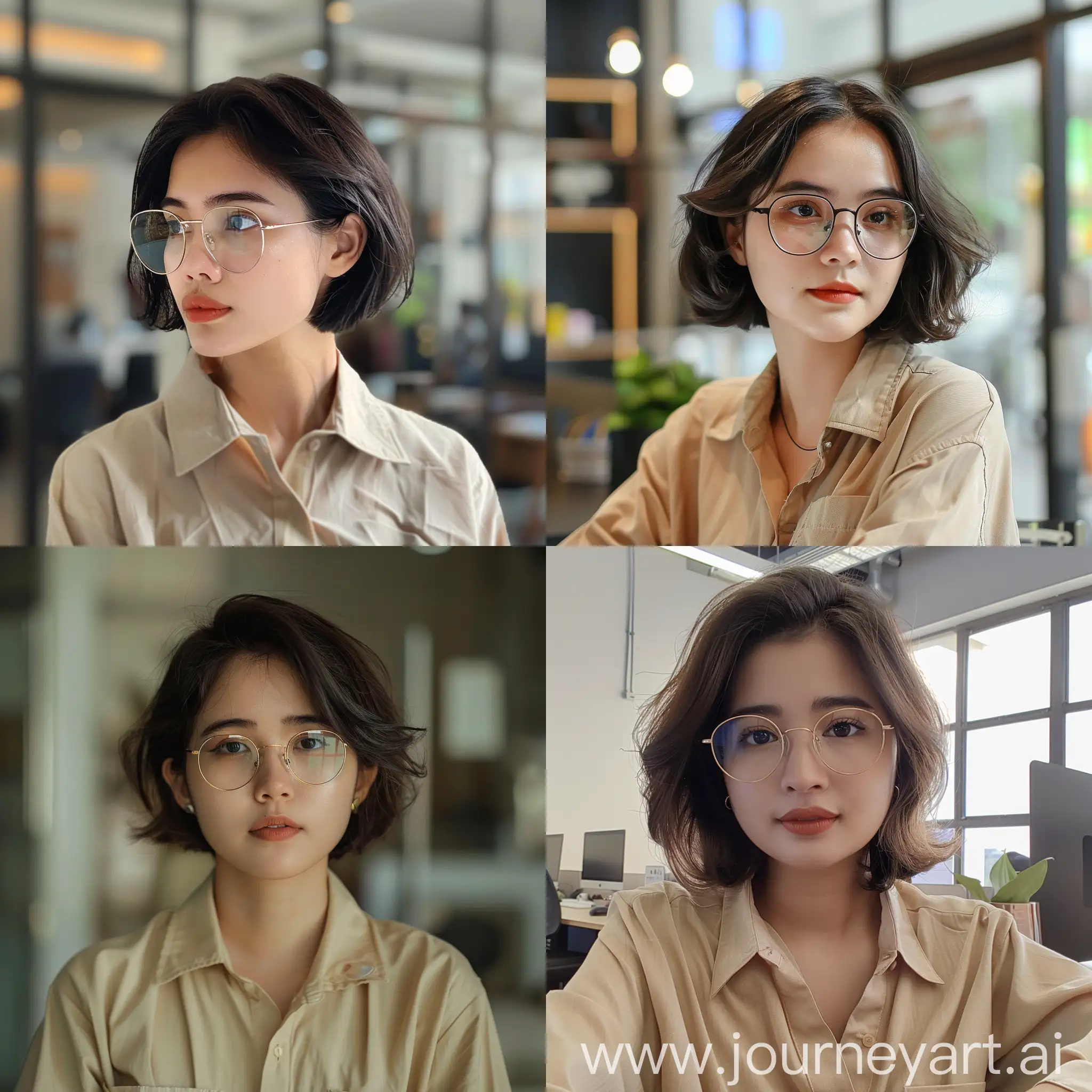 /imagine Vietnamese woman , working on office, little eyes with glass , short hair style , shirt beige color, 30 year old
