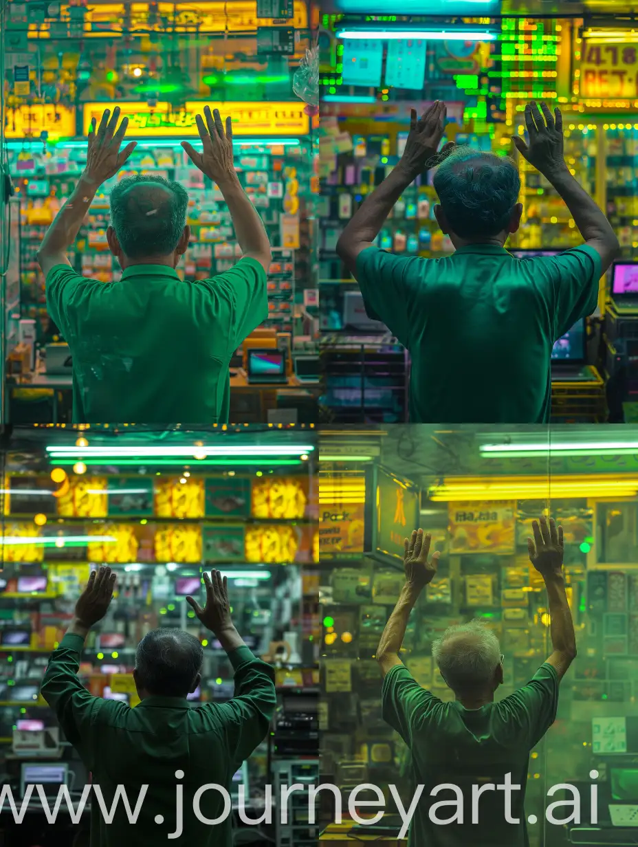 Malay-Man-Praying-in-a-Vibrant-Electronics-Store