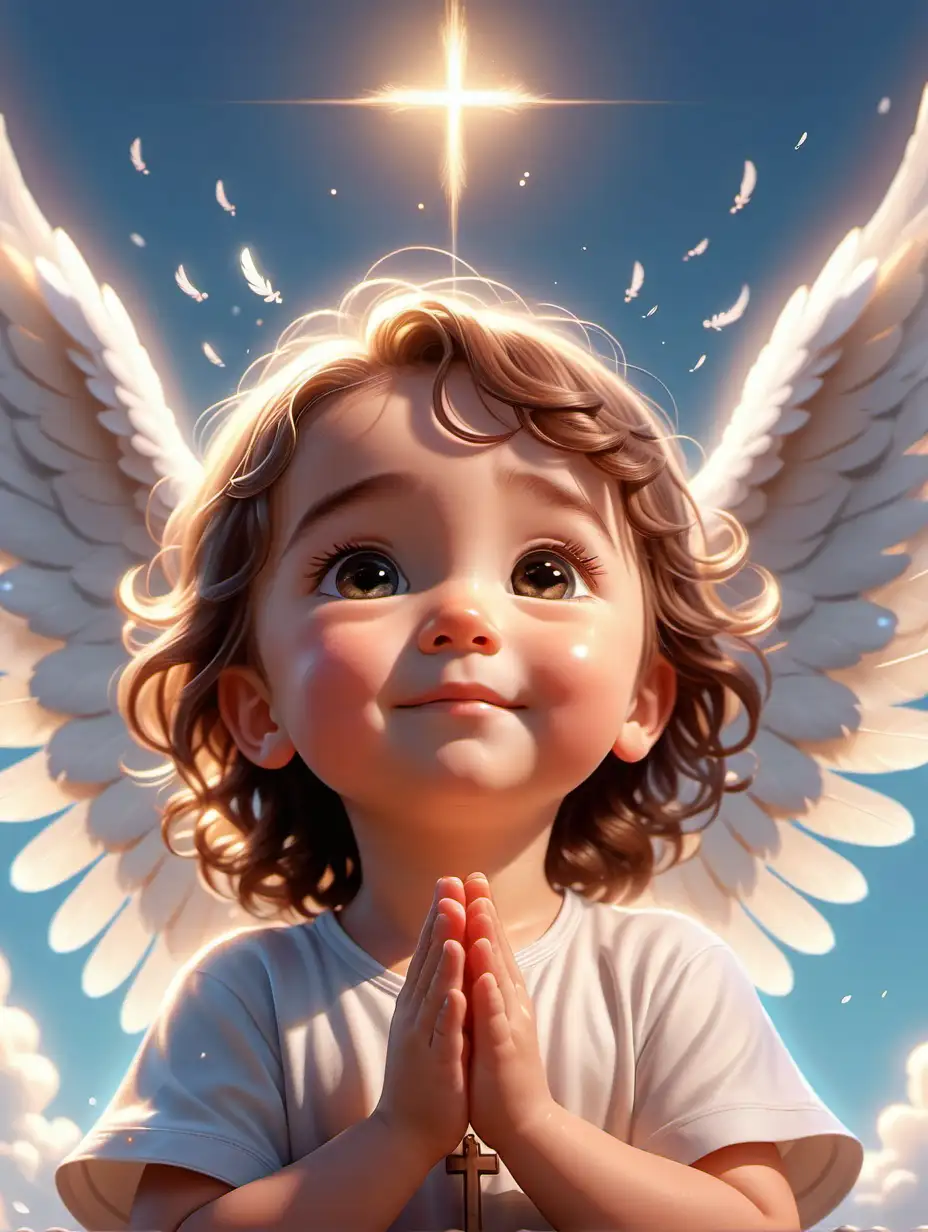 animación de un niño pequeo, orando al cielo,con rostro lleno de fé, baja un angel fuerte y alegre a ayudarle, del cielo caen bellas plumas de luces, no hay cruz en la imagen