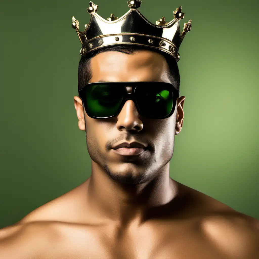 Stylish Latin Man with Crown and Shades in Trendy Army Green Setting