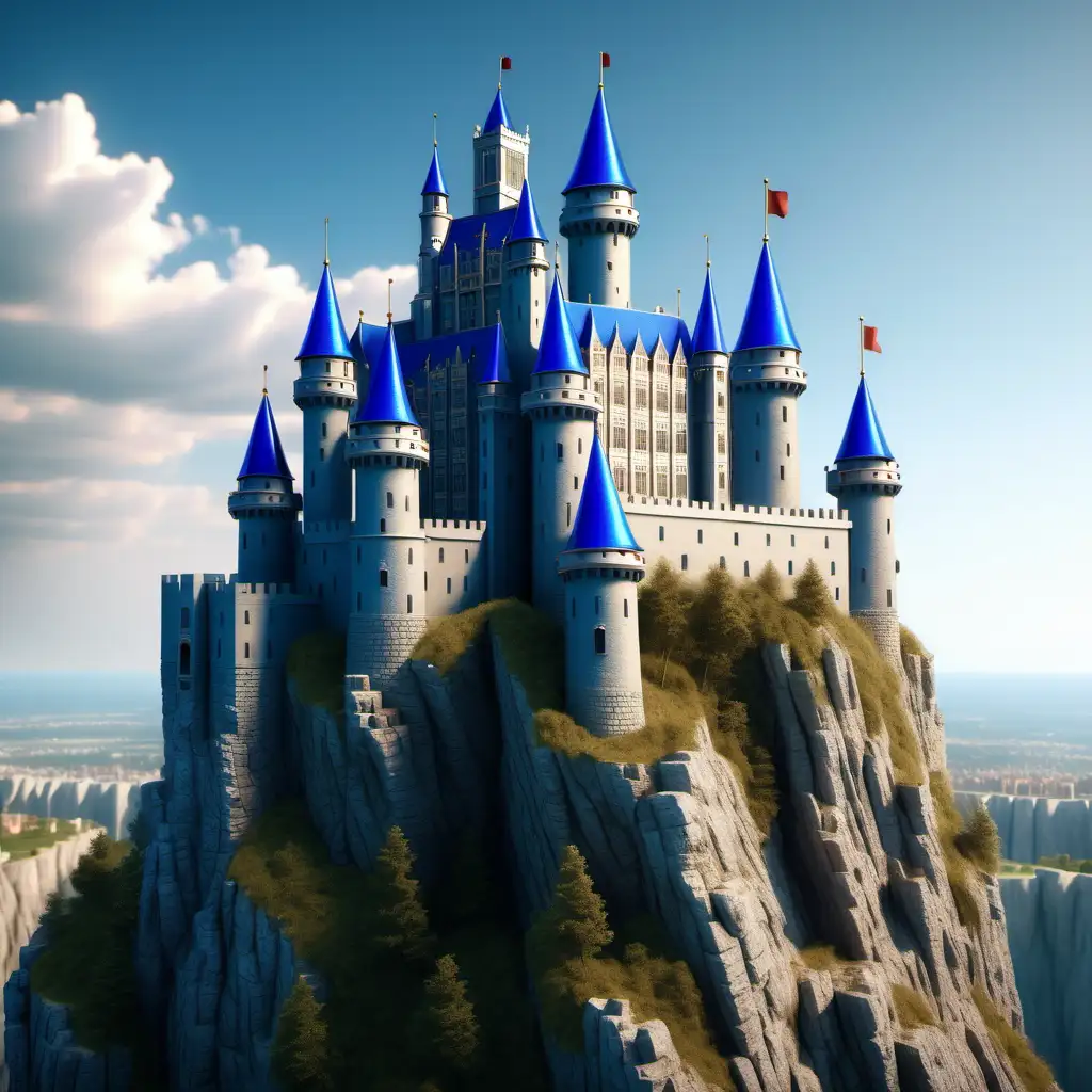 реалистичный королевский замок с синими башнями  на заднем плане стоит на обрыве скалы