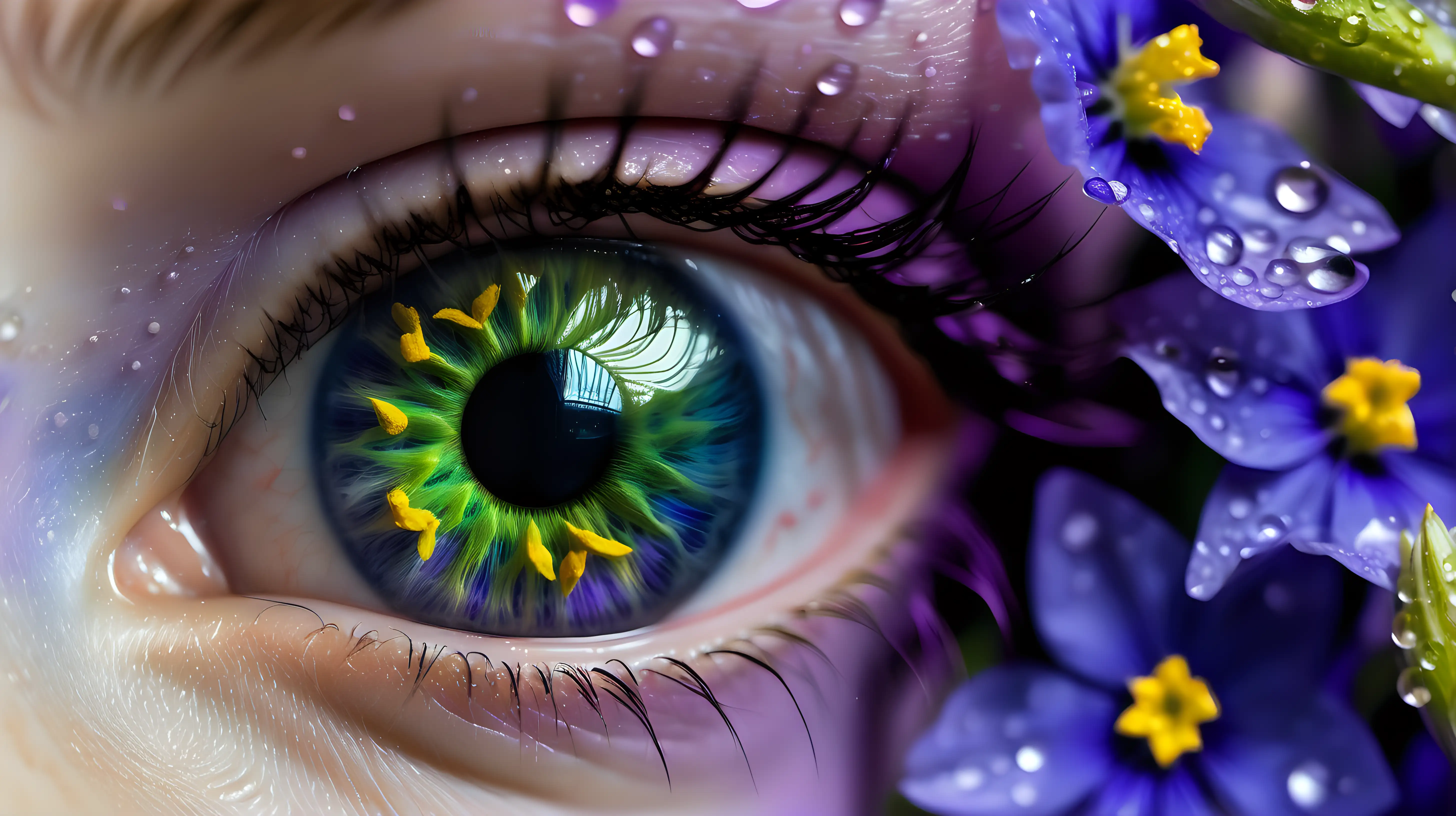 /imagine prompt: A macro photograph of a green eye, flecked with golden hues, amidst a blooming garden of violet and indigo flowers, with gentle raindrops visible on the eyelashes. Created Using: Vivid color contrasts, hyper-realistic textures, serene expression, nature-inspired hues, clear focus on the eye, blurred floral background, reflective water droplets, tranquil atmosphere --ar 3:4 --v 6.0