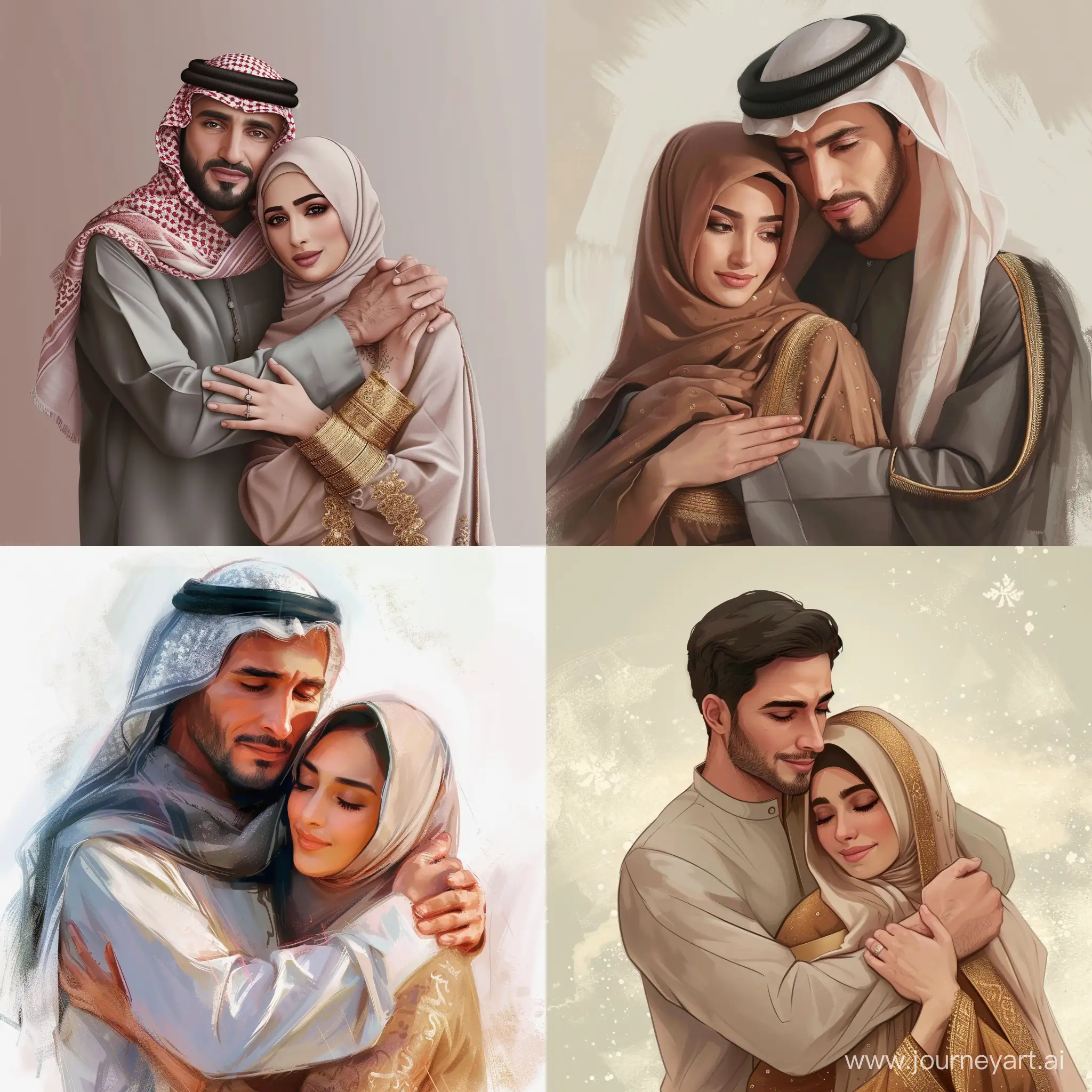A man in Arabic clothes is hugging his wife. The woman wears hijab and Arabic dress. Both are beautiful and young. The facial details are perfect.