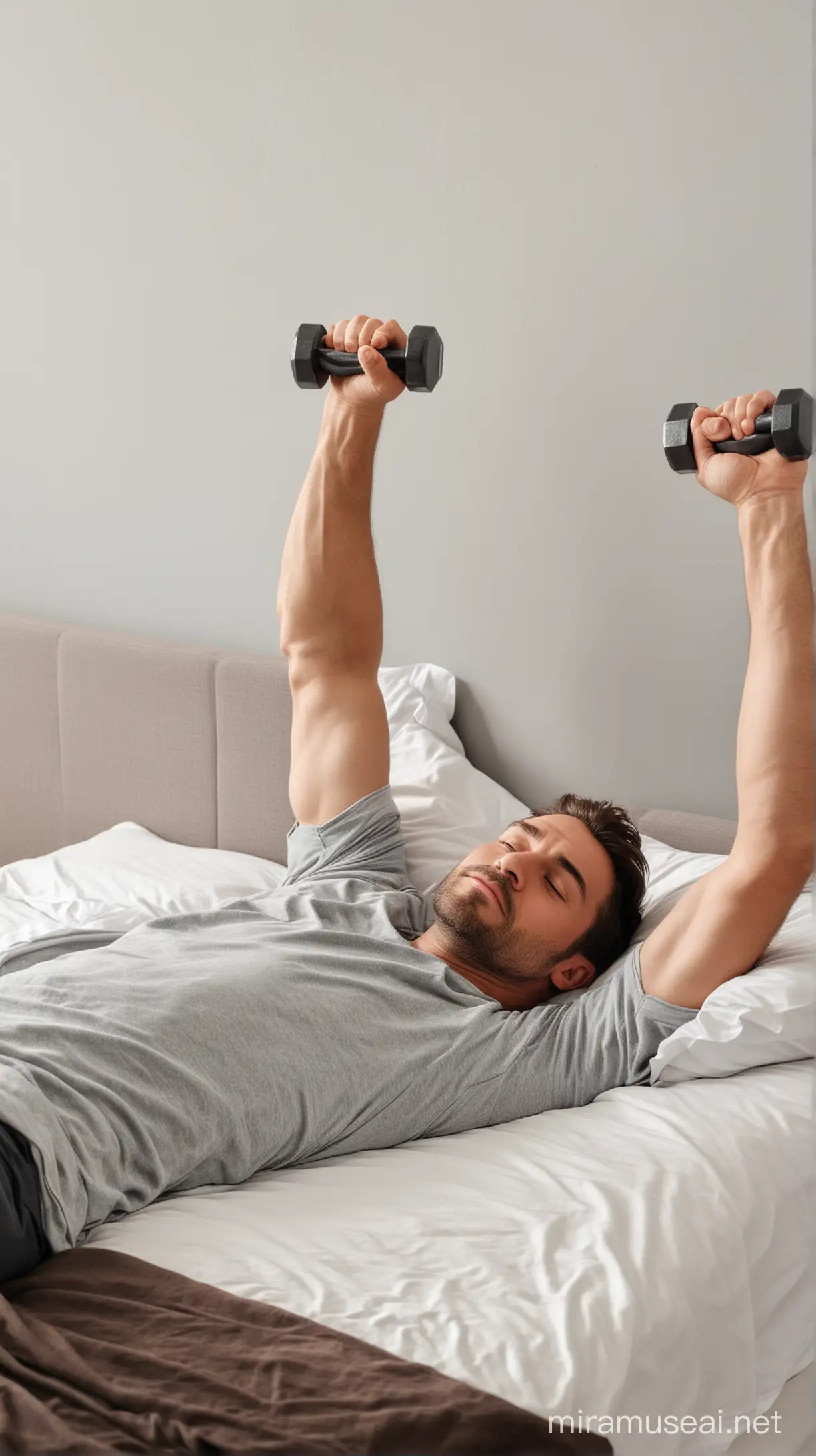Man Sleeping in Bed Lifts Weights in Dream