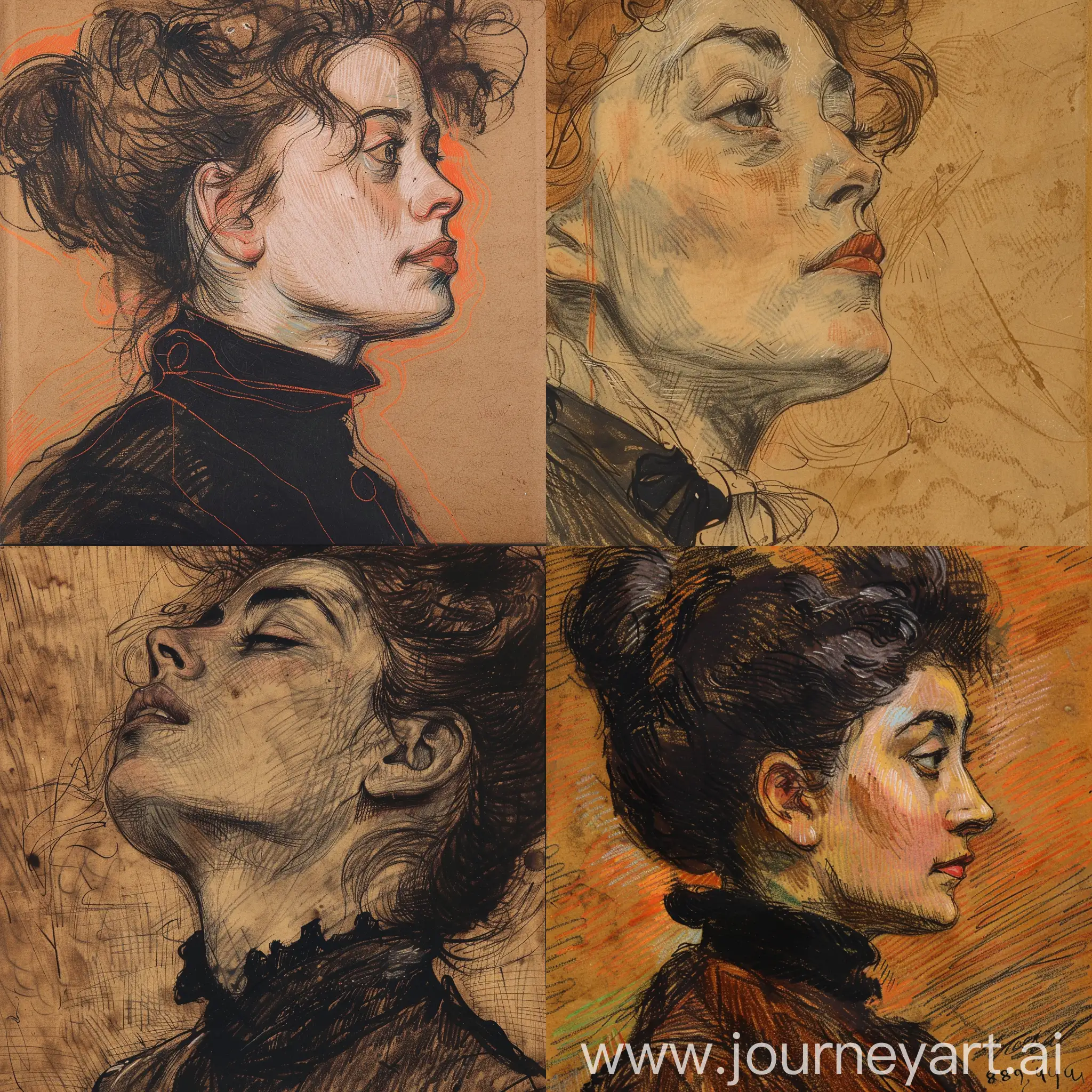 1889's rought closeup coal draft european woman on brown background by Toulouse Lautrec