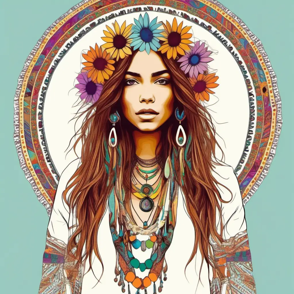 boho colorful, girl hippie style, white background, masterpiece, --no words
