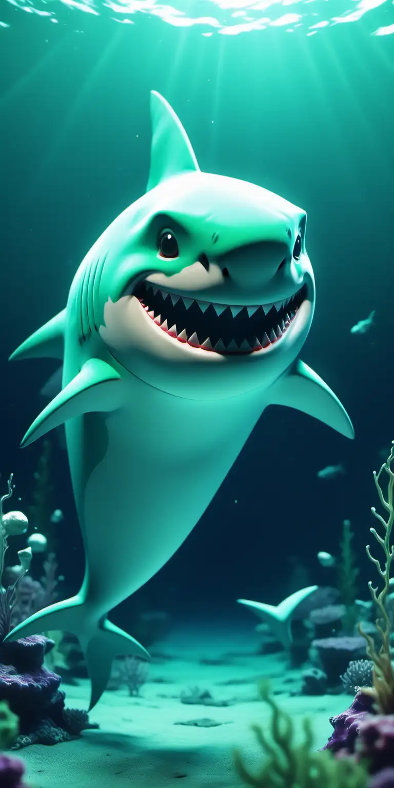可爱的卡通拟人鲨鱼，以薄荷色为基调，有氛围感海底的背景，特效，有关系的装饰，4k高清