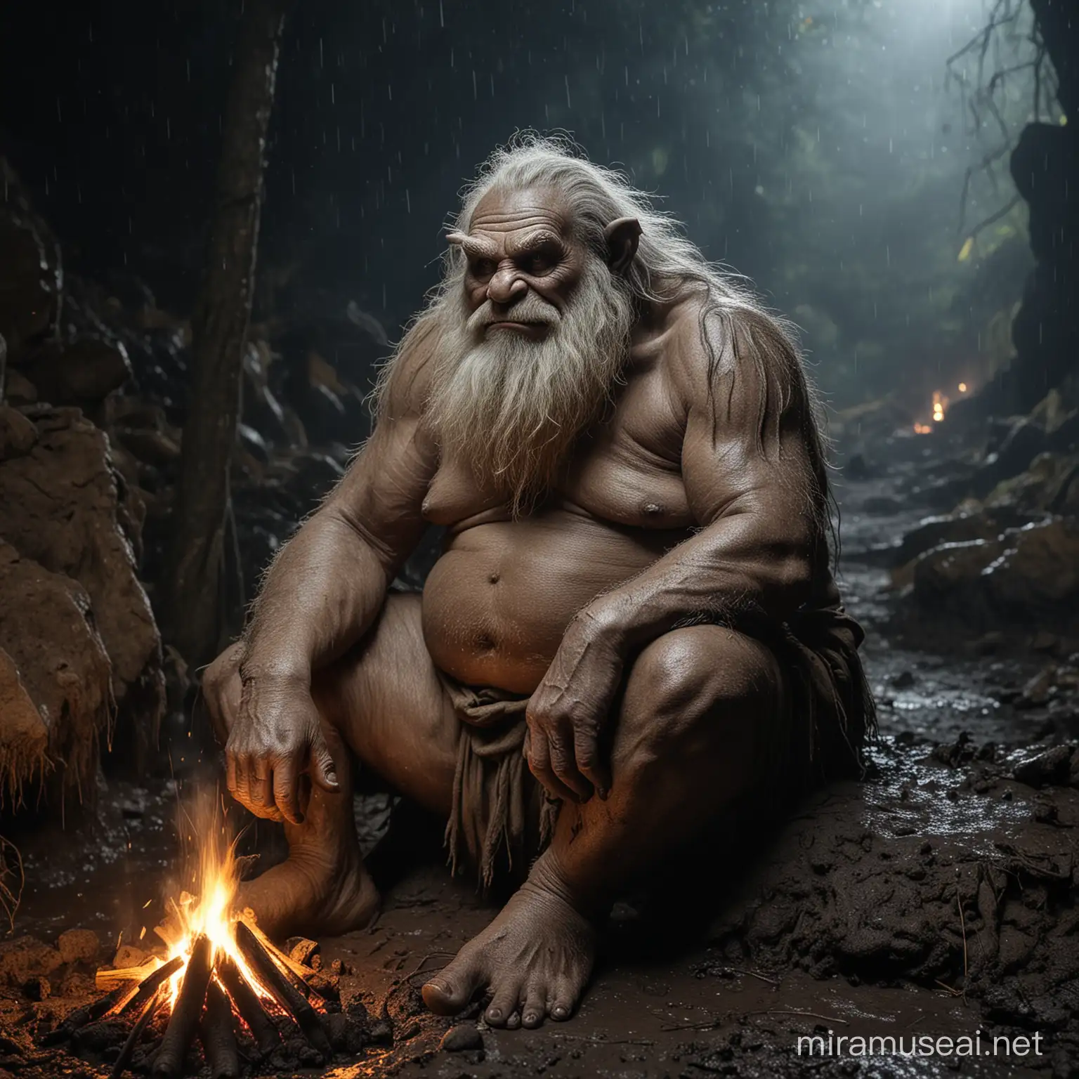 troll,forest cave,at midnight,bonfire,large feet,large hand,loincloth,dumpy,chubby,primitive,hairy,long beard,old age,sitting on the ground,rainy,wet dirty black mud cover hand and feet