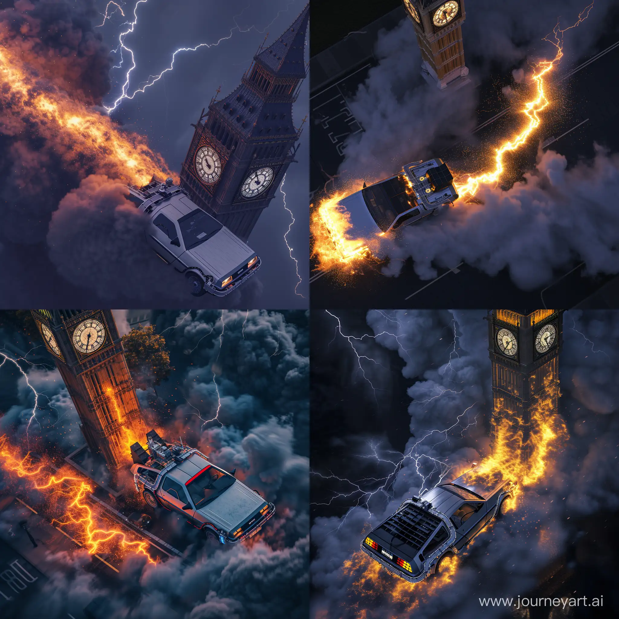 DeLorean spreading away leaving trail of fire behind and smoke, lightning, clock tower, time machine, aerial shot, photorealistic, 8k