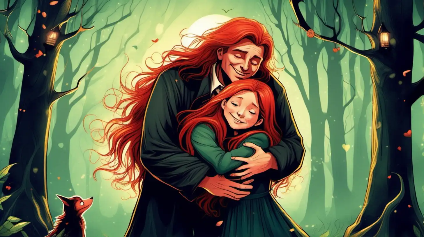 illustrate A 10-year-old A long red-haired witch and her father hugging eachothers with love in the magical forest