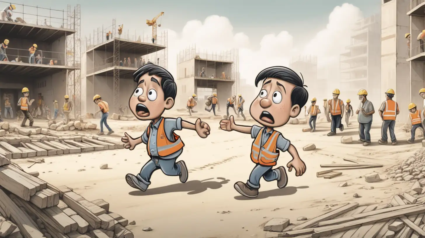 a cartoon poor man standing at a construction site running towards a group of people and a crying kid