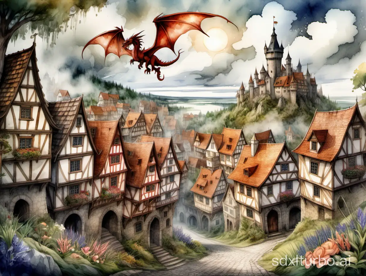 epic medieval town in an overcast fantasy forest landscape, grass and flowers in the streets, a dragon flying in the sky, highly detailed watercolor painting