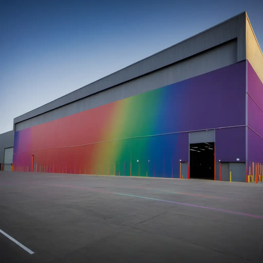 Colorful warehouse exterior  with pulse line running across 