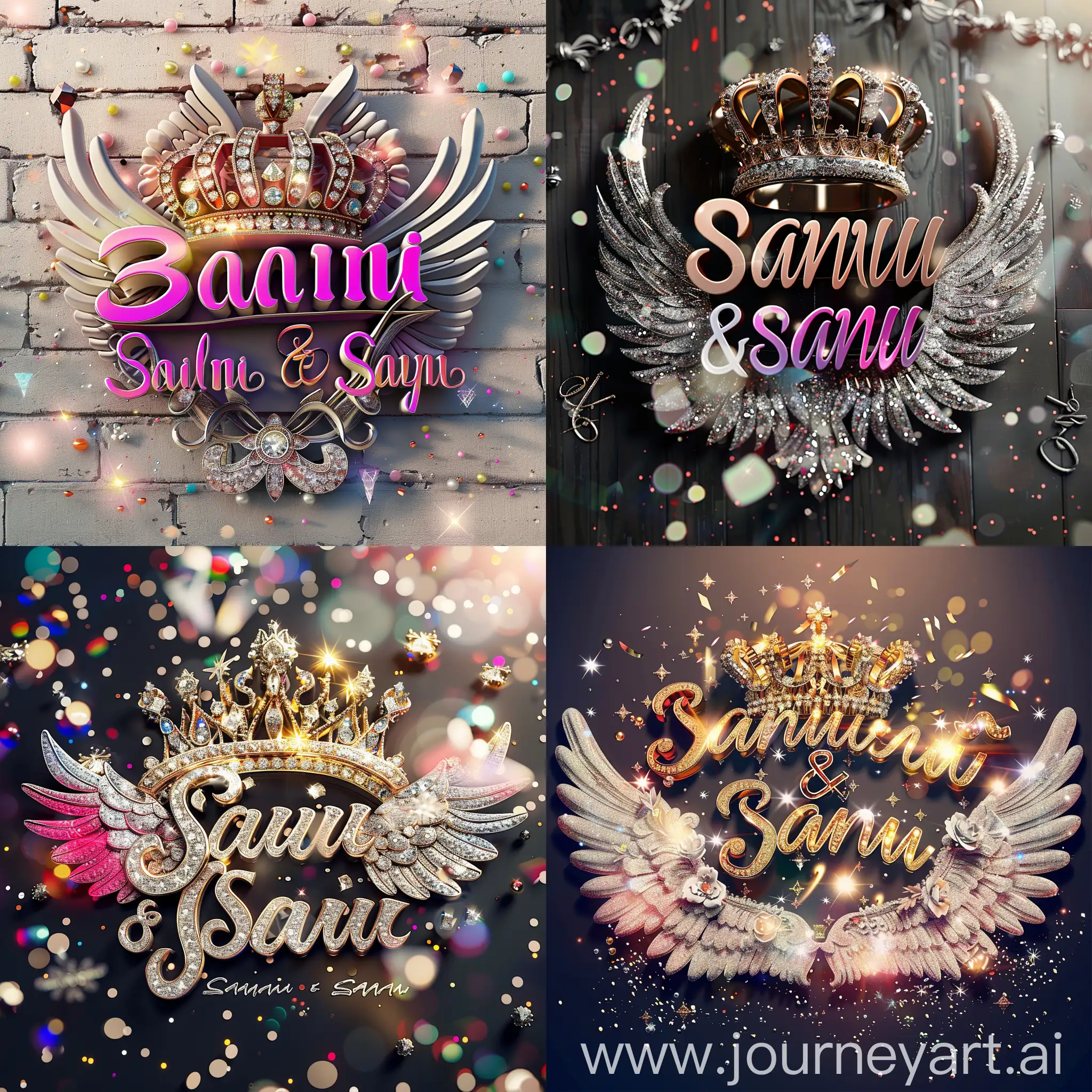 Elegant 3D typography with the name. " Saani & sanu  " with an elegant crown and fine diamonds with sparkles of bright colors and angel wings, photo, typography, vibrantv0.1, graffiti, illustration, photo, product, fashion, poster