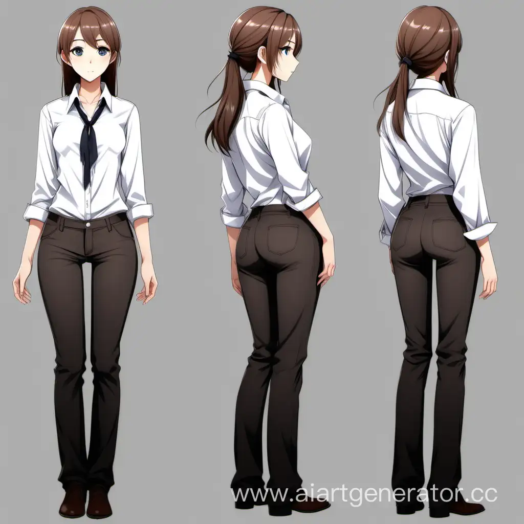 Девушка Европейка, рост 157см, Коричневые волосы, в черных штанах и в незаправленной белой рубашке застёгнута только 1 верхняя пуговица, 5 размер груди, ровный 2D вид спереди с боку с зади  , стиль аниме, 4k