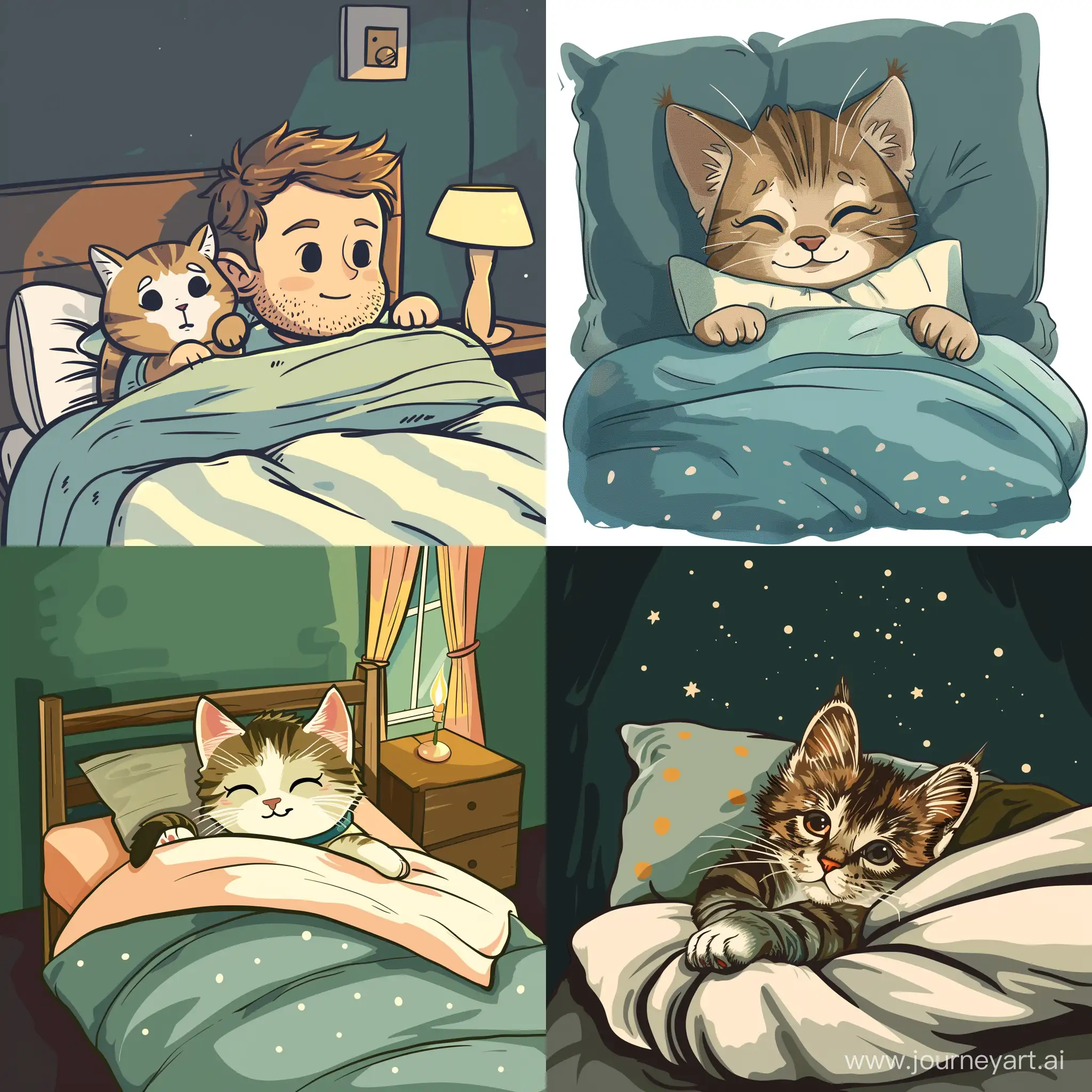 Пожелание любимому мужу спокойно ночи. Муж в образе котёнка. Укладывается спать в уютную кровать. В стиле мультика