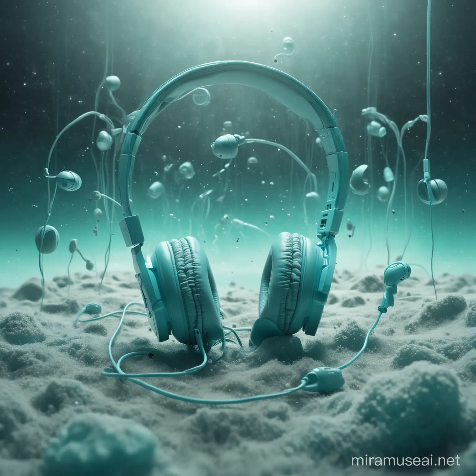 A surreal composition featuring cyan-colored headphones floating in a dreamlike space, with abstract elements representing the concept of communication and understanding.