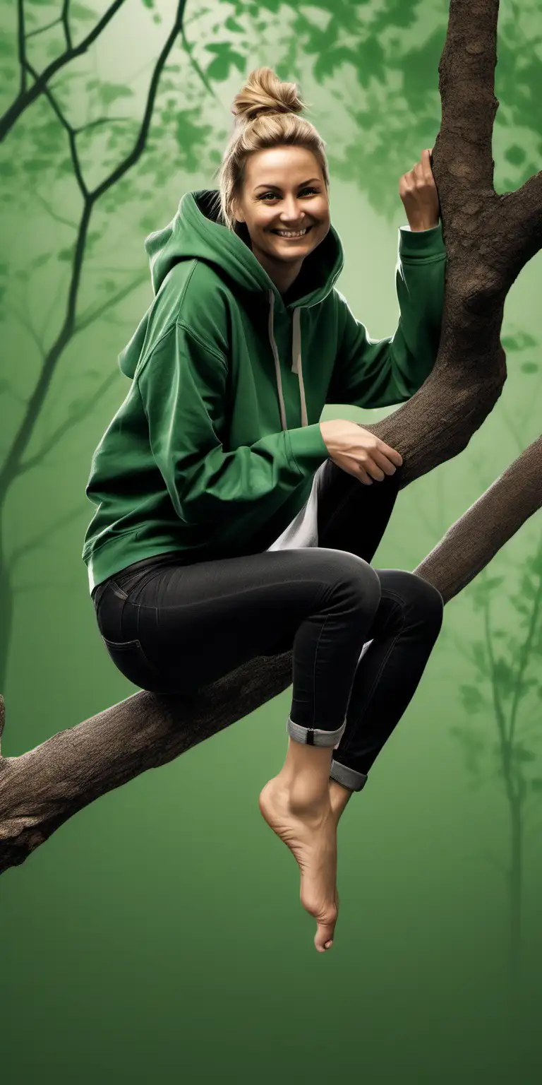 Young Woman Smiling Barefoot Climbing Branch in Green Hoodie at Dusk