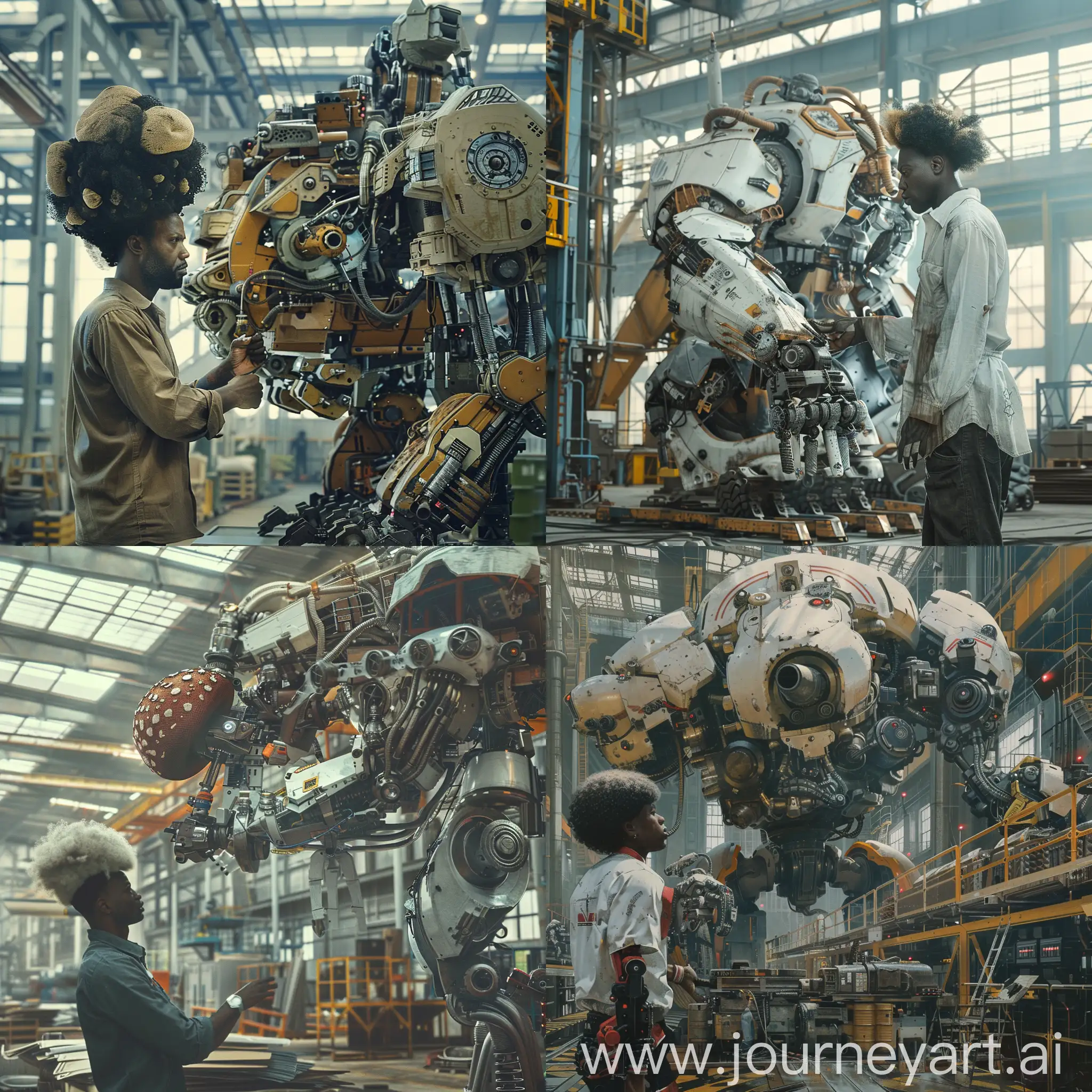 Super genius , Engineer, black man with mushroom shaped hair puff, working on a giant mech, in a large, mechanically, technologically advanced , warehouse,