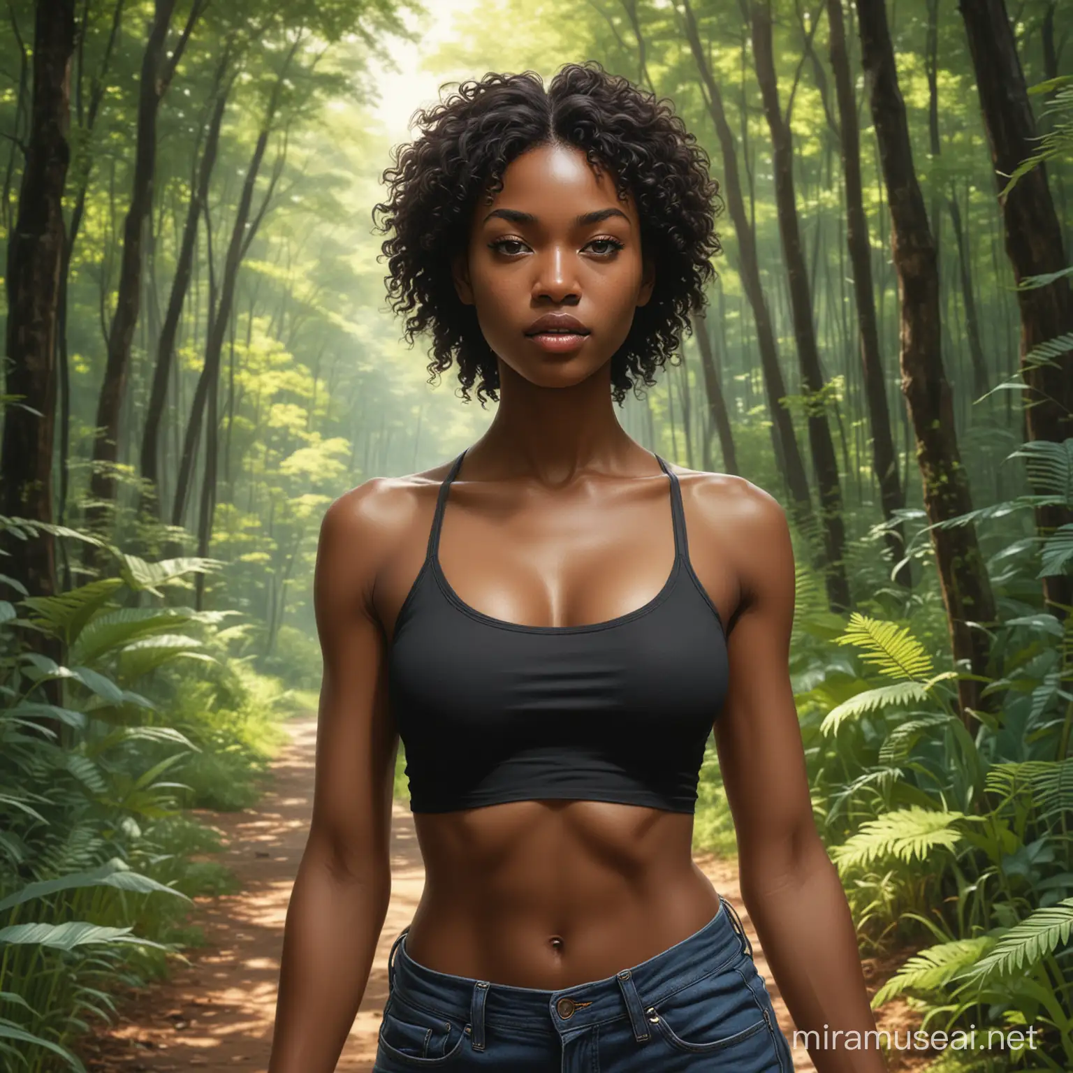 The image depicts a path winding through a lush forest setting. The scene includes various trees, plants, and grass, creating a serene natural landscape.halter top Black woman beautiful face is shown.  The woman's body parts such as chest, thigh, stomach, and abdomen are visible.painterly smooth, extremely sharp detail, finely tuned detail, 8 k, ultra sharp focus, illustration, illustration, art by Ayami Kojima Beautiful Thick Black
