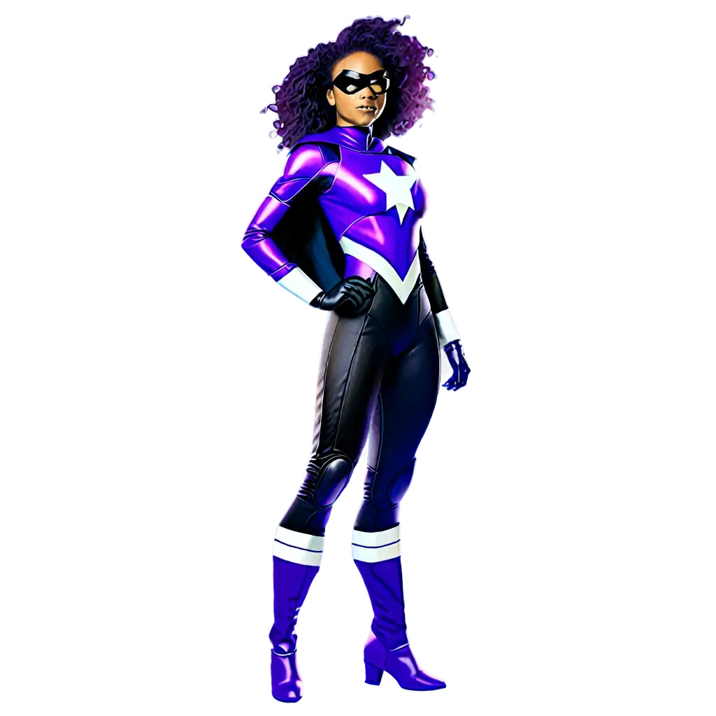 a purple, black and white dressed space superhero