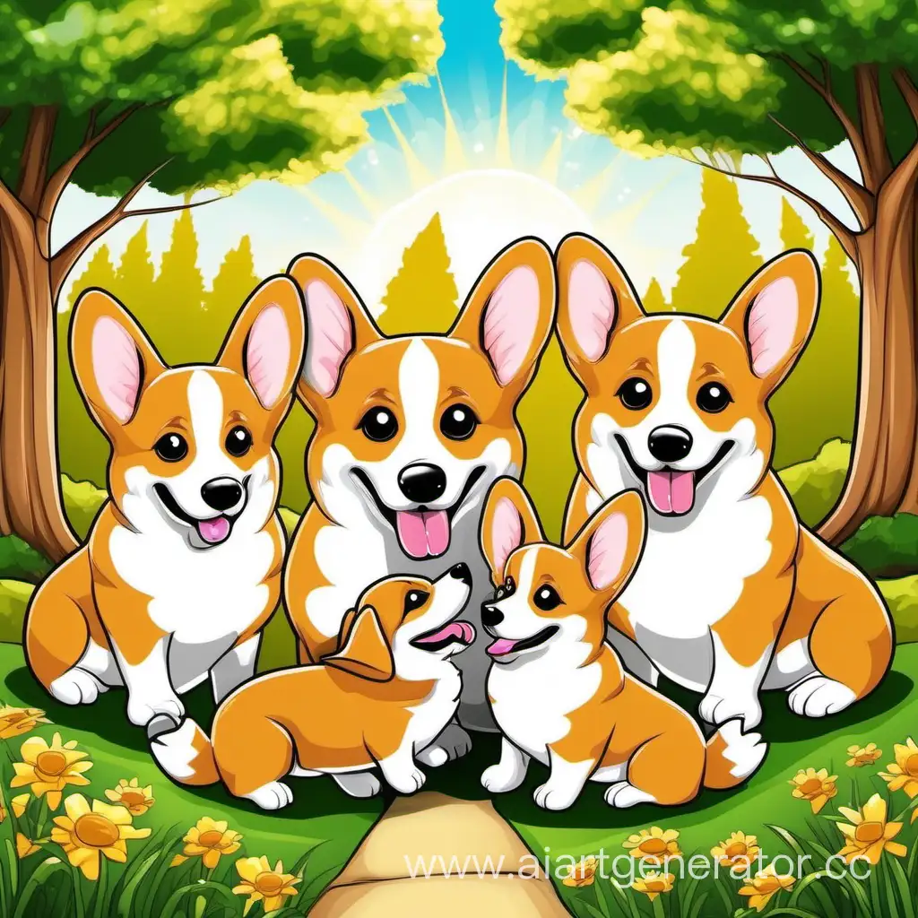 For a corgi dog eating something full size . A picture with a fun cartoon background. Three dogs one adult and 2 puppies. So that the dogs look at us. And the background is nature with trees and sunshine. So that there are three dogs. Two puppies and one adult.