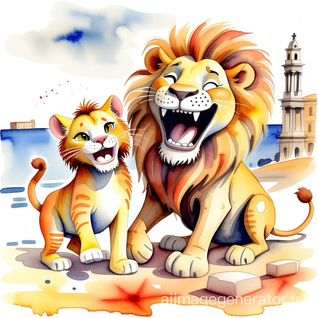 Watercolor drawing: A lion and a cat play happily and laugh in Rome on the seashore.