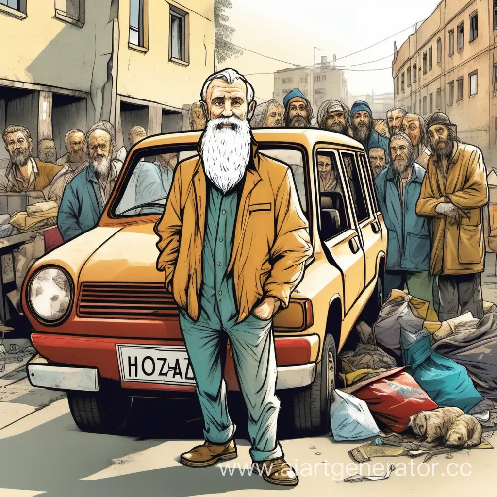 Elderly-Man-Named-Hozik-Poses-with-His-Lada-Car-Near-Urban-Dumpster