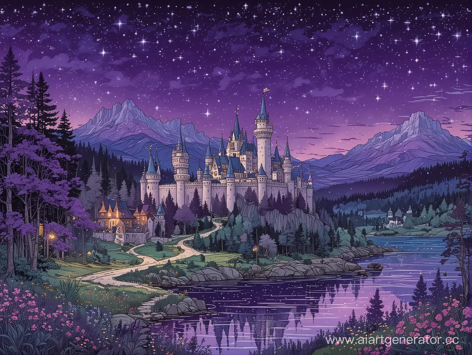 Illustration for a fairy tale in the style of Bilibin, purple night background with stars and castles