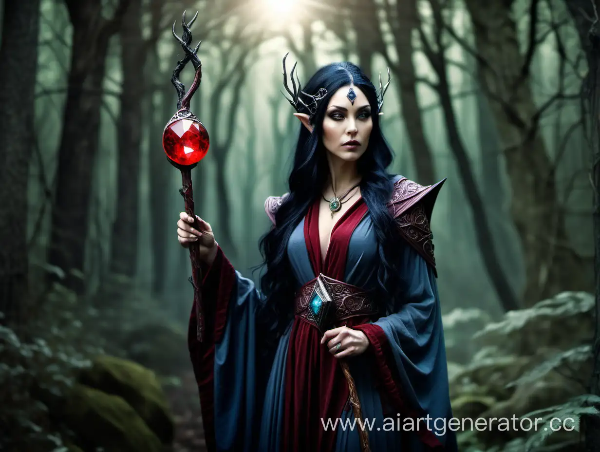 sorceress in elven attire, black hair, holding a staff in one hand, a talisman with a crimson stone in the other hand, gazing into the distance in a magical forest