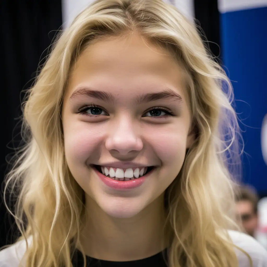 draw a photo of gizella von ollaufson. 20 year old blonde haired girl. she has pouty lips and small gap between her top front teeth. She has dimples and a clef on her chin. She is smiling and posing for camera at a trade show 