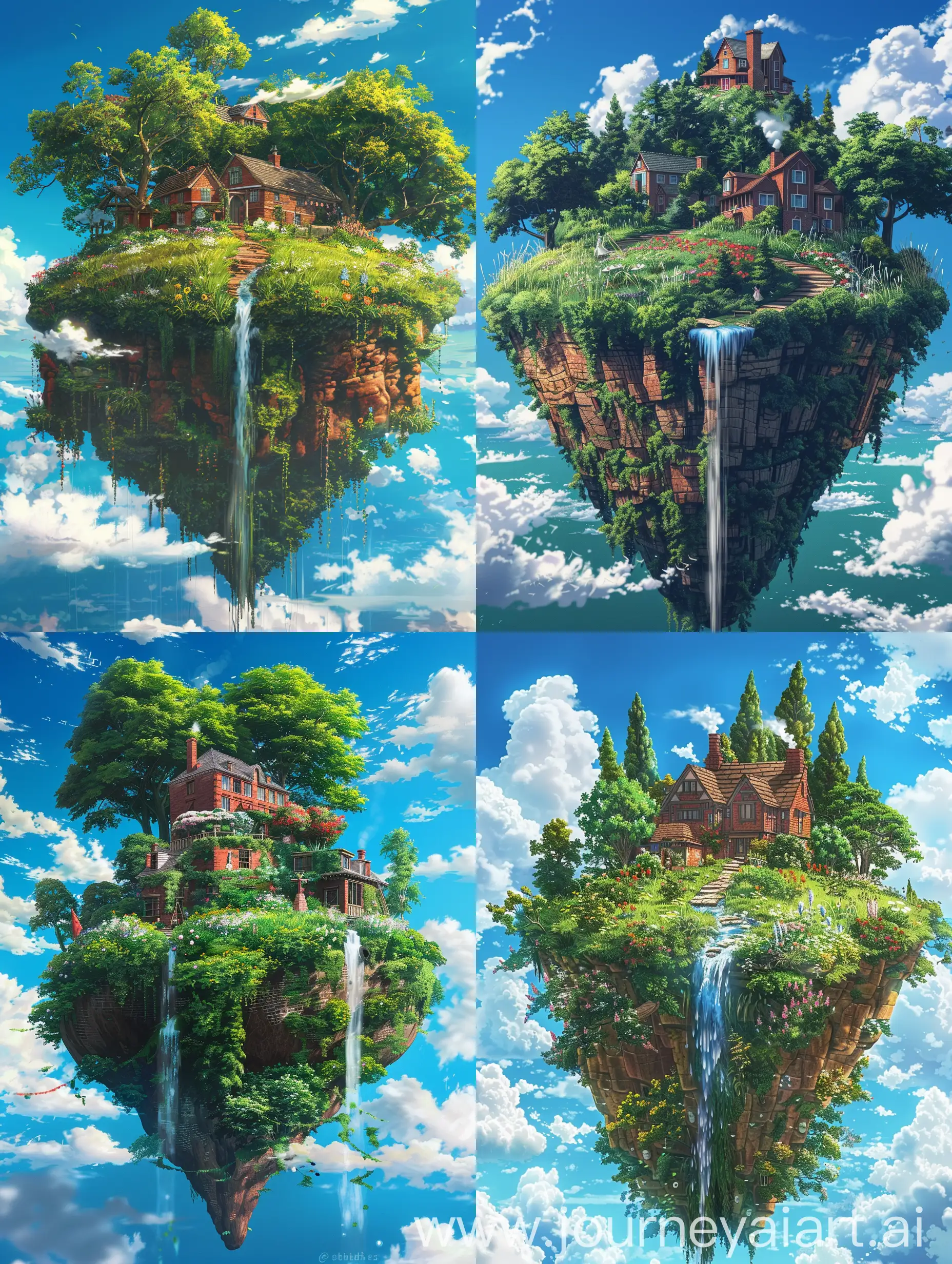 Studio Ghibli anime style,floating island,on top is a huge Trees and a red bricks houses,pathway,flowers, high grasses,falls,wide angle,aerial view,fluffy white clouds,vivid blue sky.
