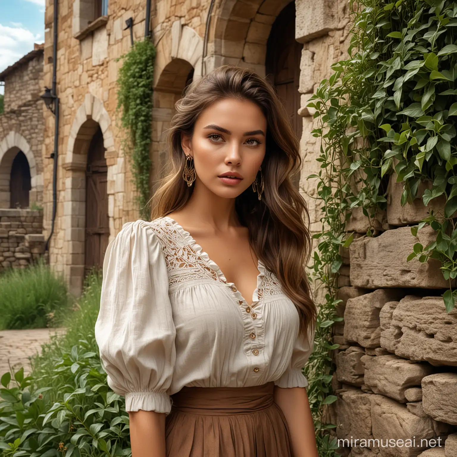 Photo of Woman, heavy make up, brown balayage long hair, blouse, long skirt, gigantic earrings, high quality, photorealistic, ultra realistic, outdoor, old stone buildings, wild nature, A wall overgrown with vegetation, plants on walls