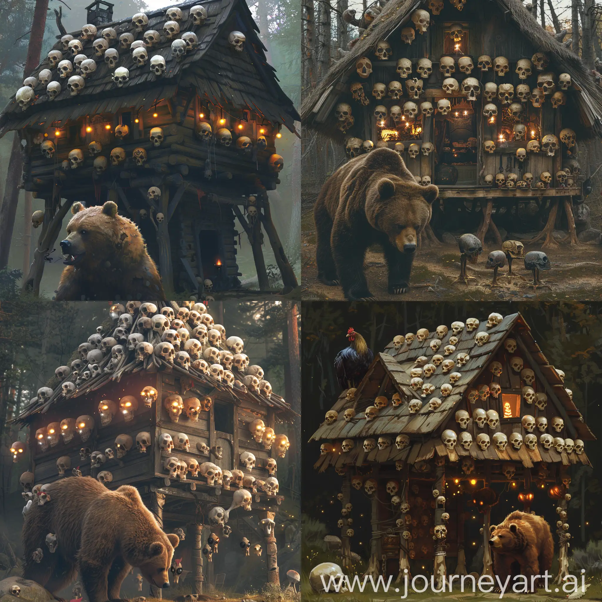 Baba-Yagas-Enchanted-Hut-with-Glowing-Skulls-and-Bear-Guardian