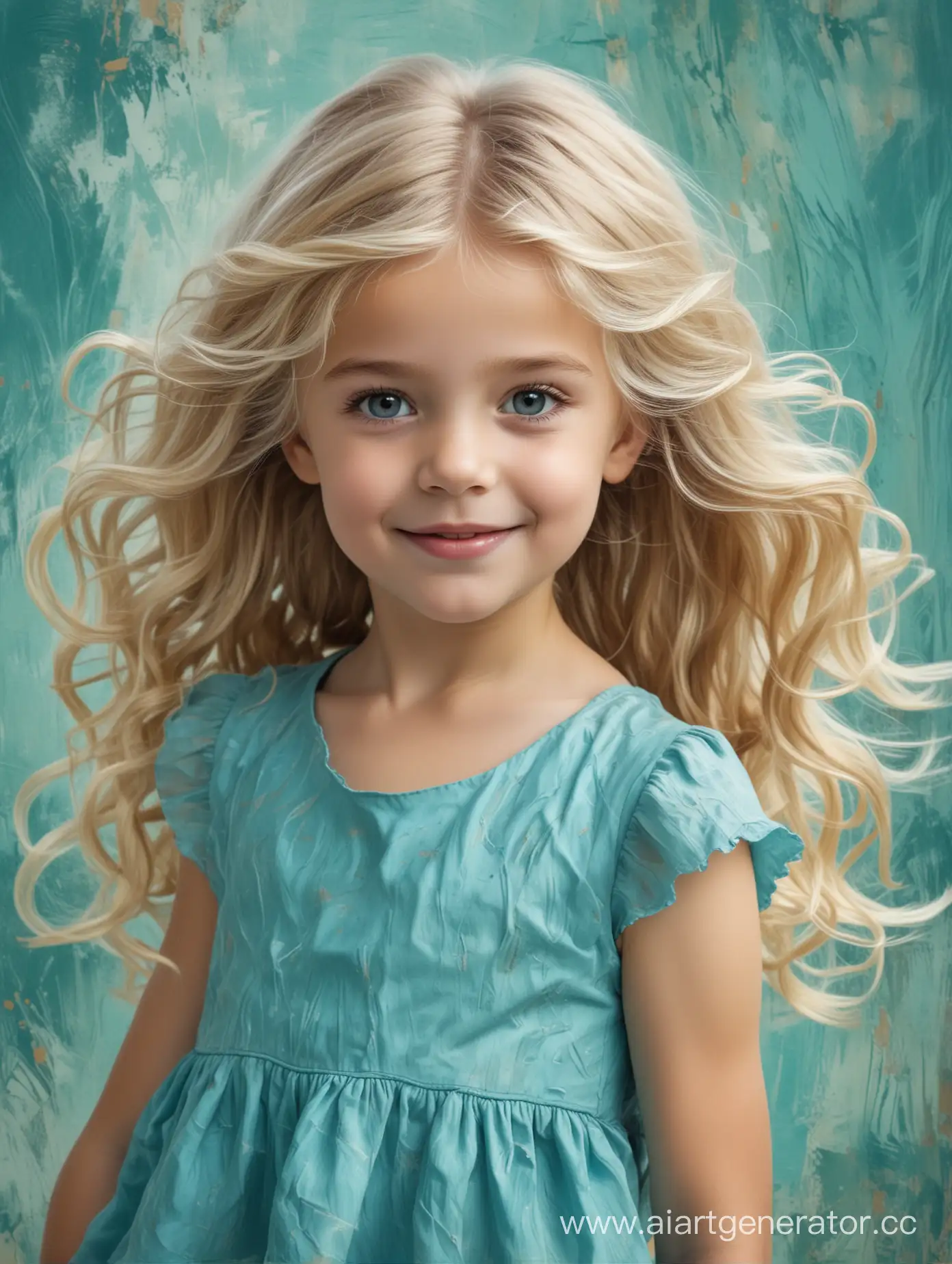 a 5-year-old girl, blue dress, blonde hair gathered in a wavy hairstyle, background texture brush strokes turquoise