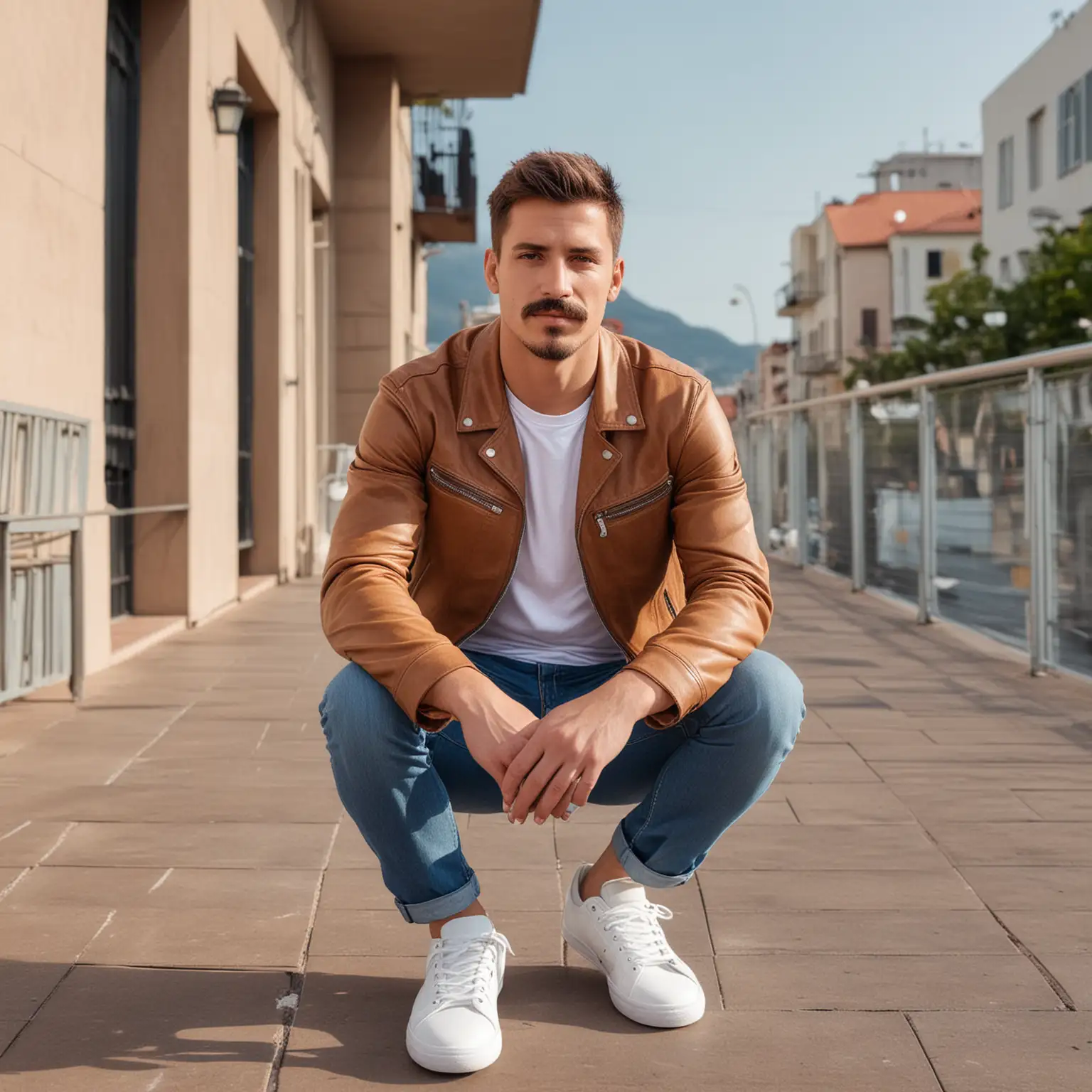 jeune homme 33 ans, brun, cheveux courts, moustache, regard mélancolique, t-shirt blanc, jeans, veste en cuir brun, tennis blanches, assis sur une terrasse