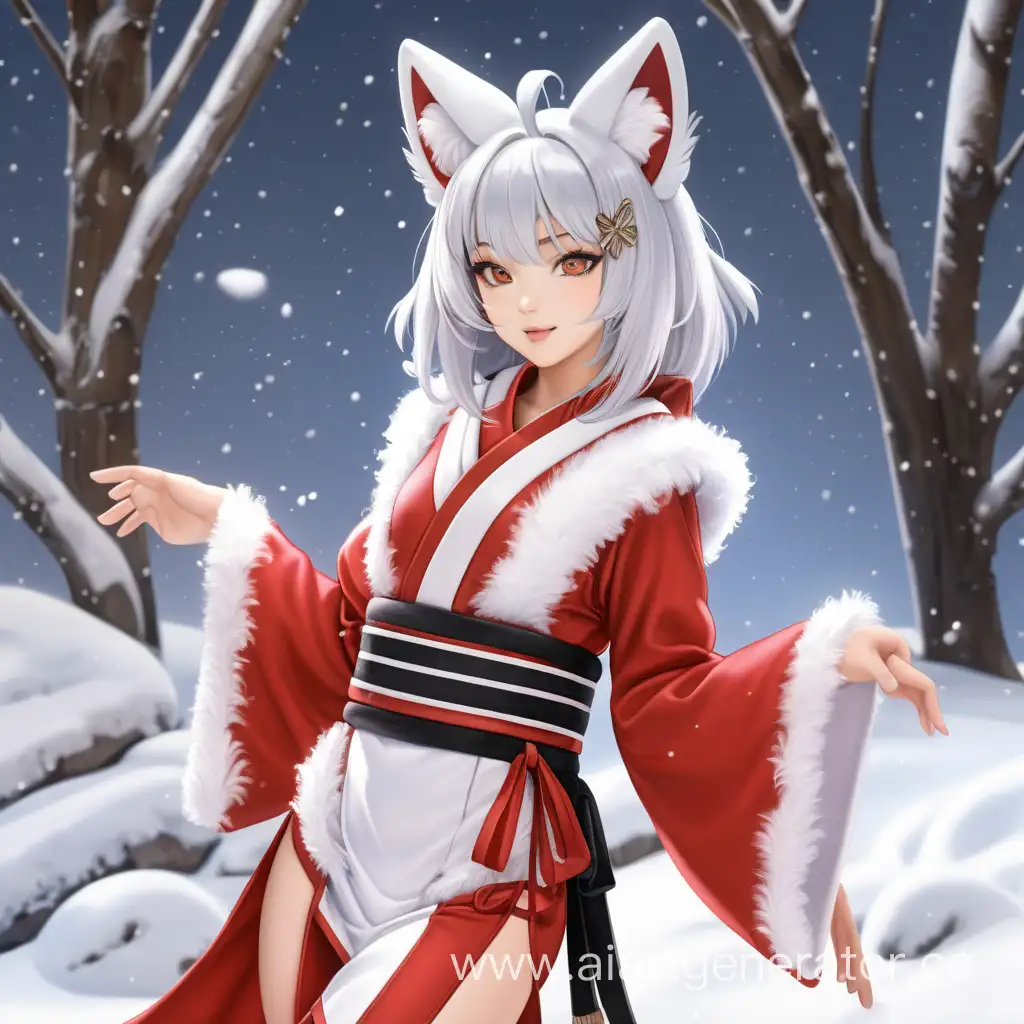 Снежная озорная взрослая женщина-лиса в наряде мико