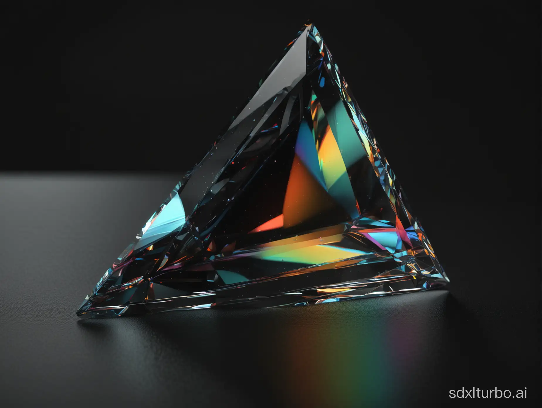 a 3d render prisma 3d triangle made of glass, colored refraction, black background, low key, ultra quality, detailed lighting, sharp focus, anamorphic lens, ultra quality render, macro details, perfect crop