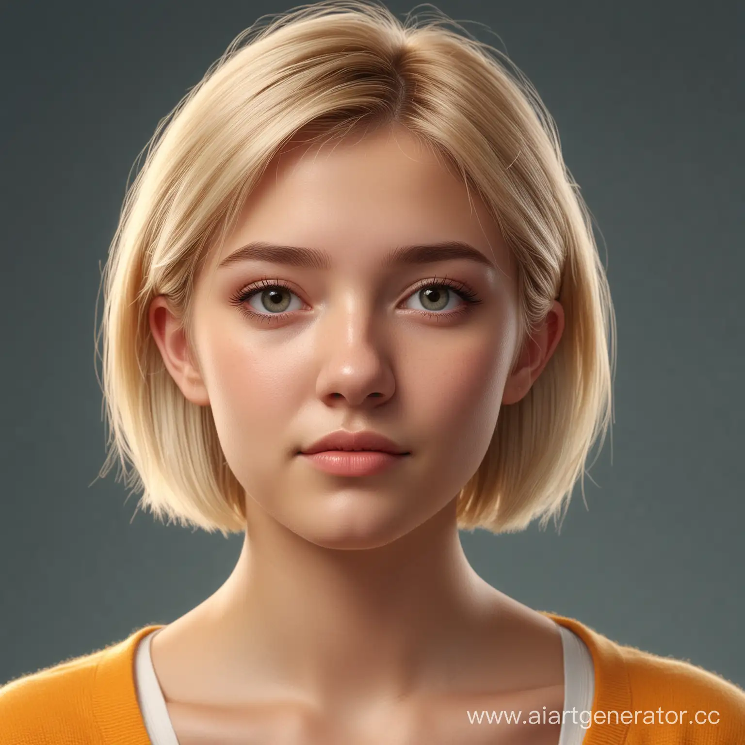 Portrait, single color background, girl seventeen years old, high school graduate, average build, round face, slightly rounded chin, looking away, blonde short hair, high resolution image, 8K art photography, (bright saturated colors), photorealistic concept art, soft natural volumetric cinematic ideal light, detailed and realistic photography, HDR, RAW. Photorealistic. Art.