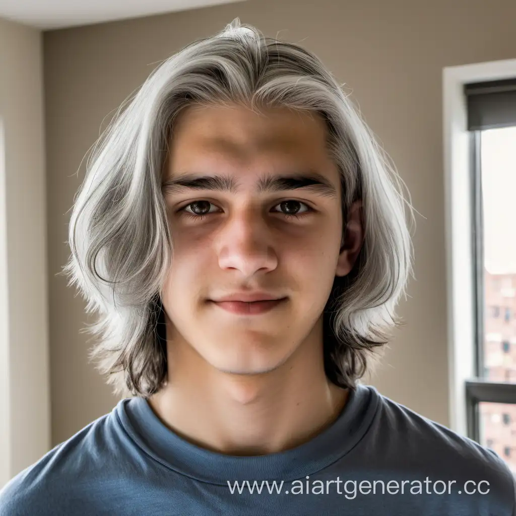 Teenage-Boy-with-ShoulderLength-Gray-Hair-in-Apartment-Setting