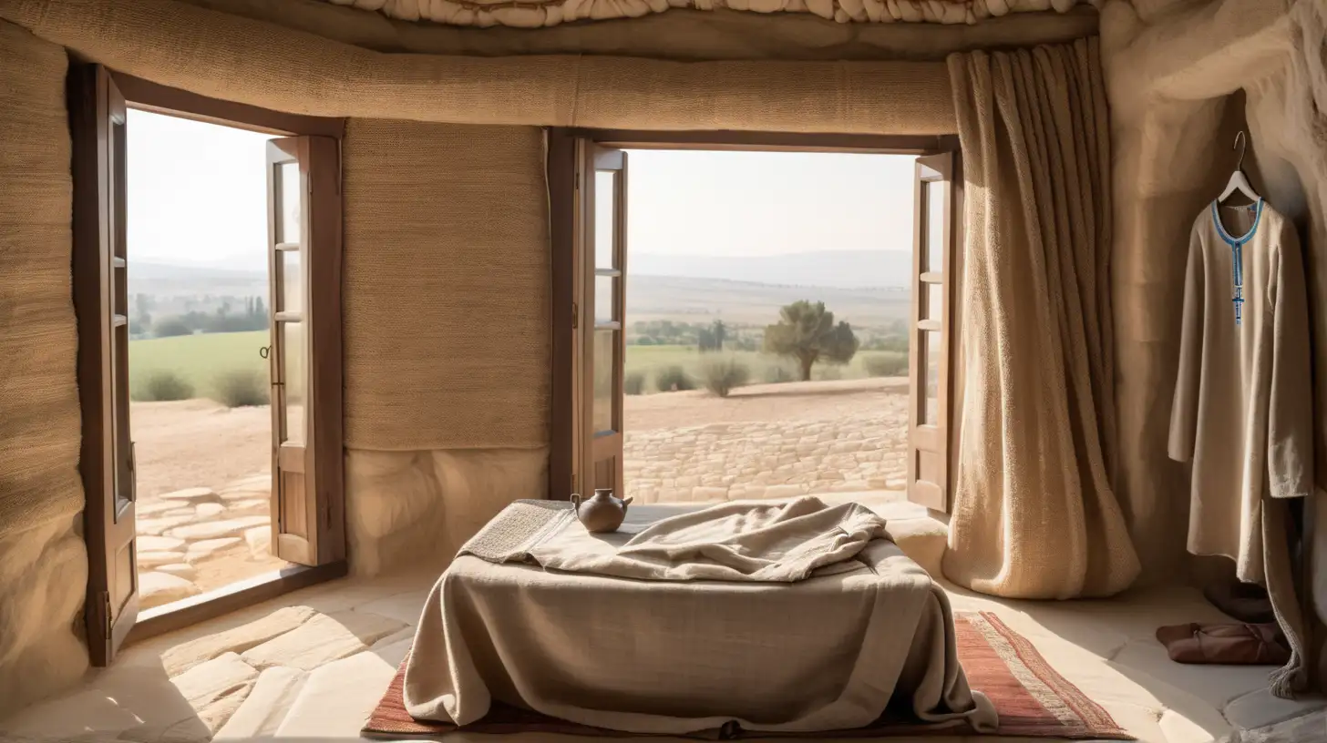 epoque biblique, une tunique faite de laine et lin mélangé posée sur un lit dans une chambre d'une maison hébreu antique, grande fenêtre, à l'extérieur la campagne au printemps le matin