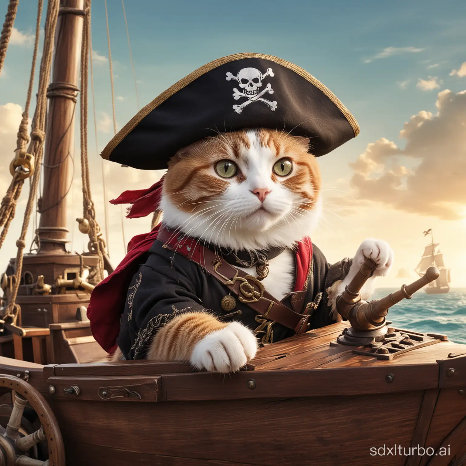 A pirate cat driving a pirate ship