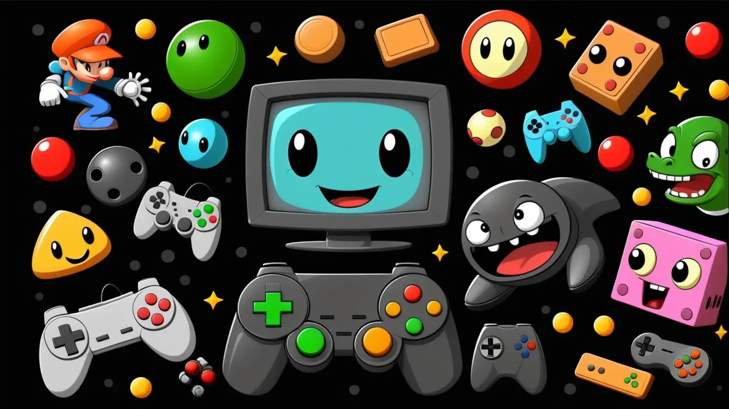 Video games, cartoon style. black background, no text