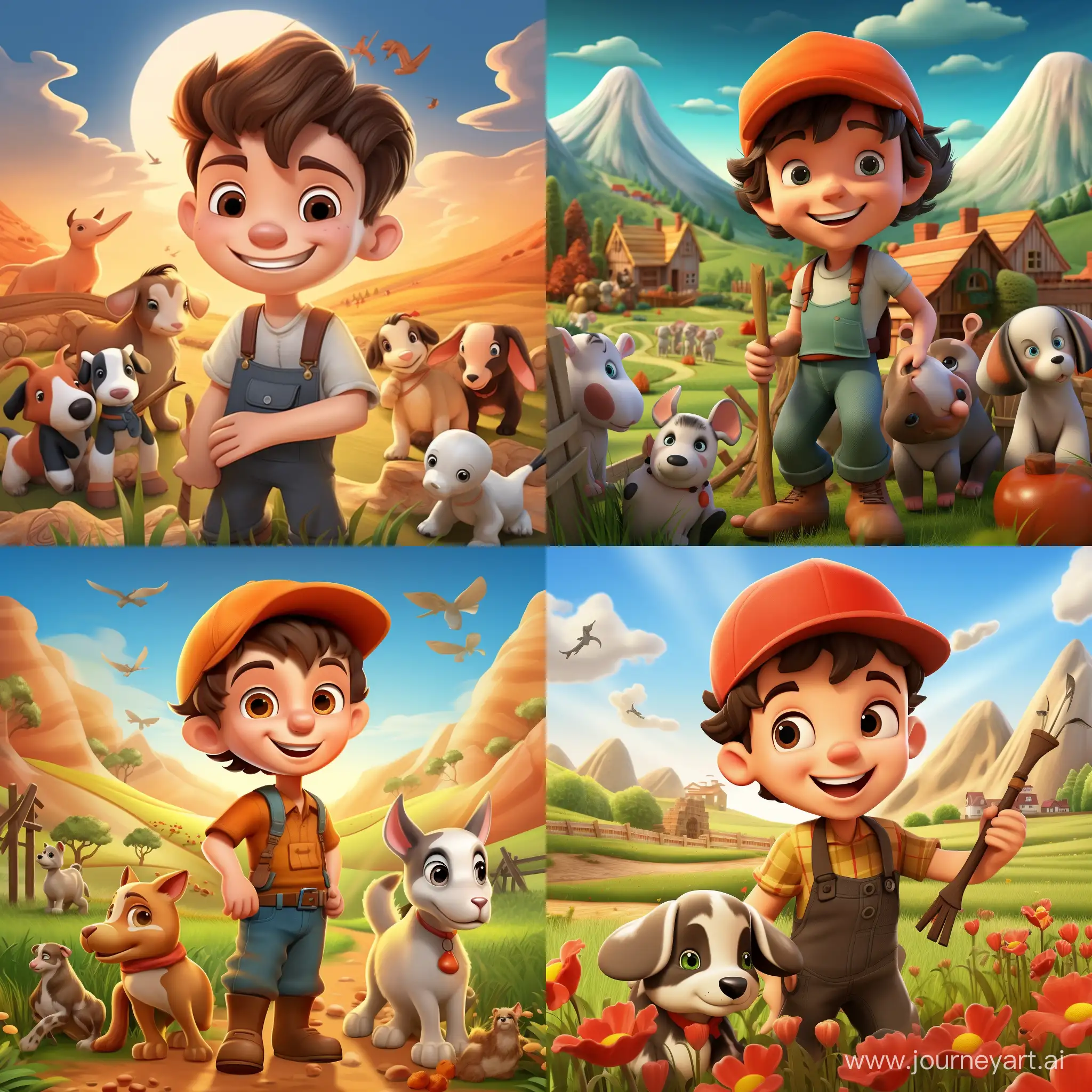 нарисуй мальчика 3д фермера с животными который счастлив в мультяшном стиле и фон ферма и горы