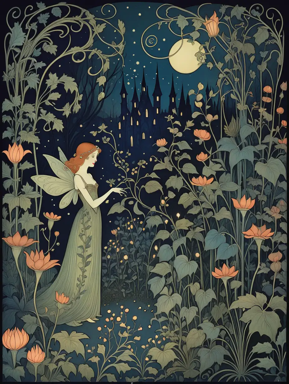 In the style of Dulac fairy tale illustration, a night time scene of a pleasure garden, fantastical plants, flowers and vines