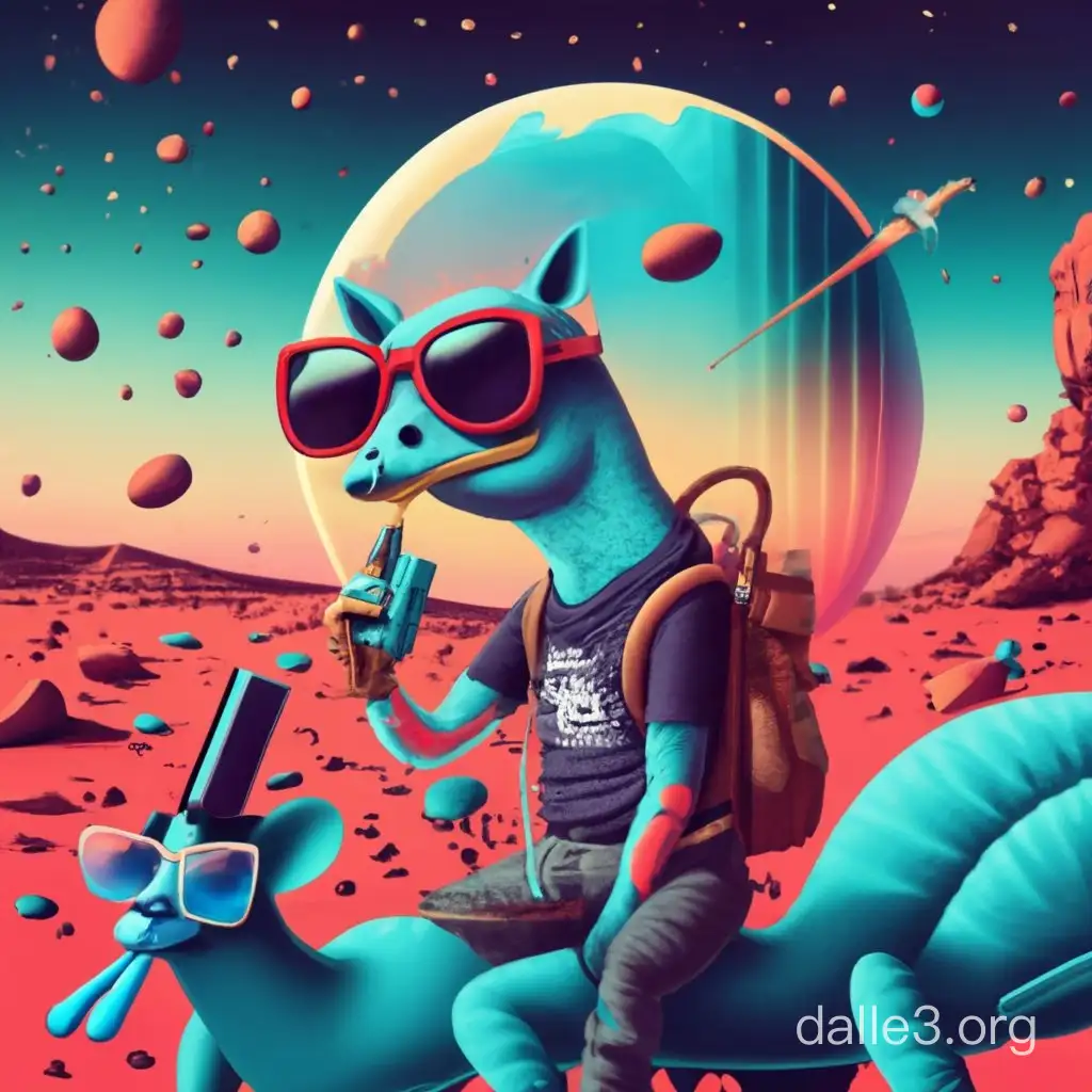 create an image in the style of french artist jean giraud with a stoned elon musk with sunglasses, a portal gun, and a t-shirt on mars riding a giant cracked out blue perry the platypus on mars