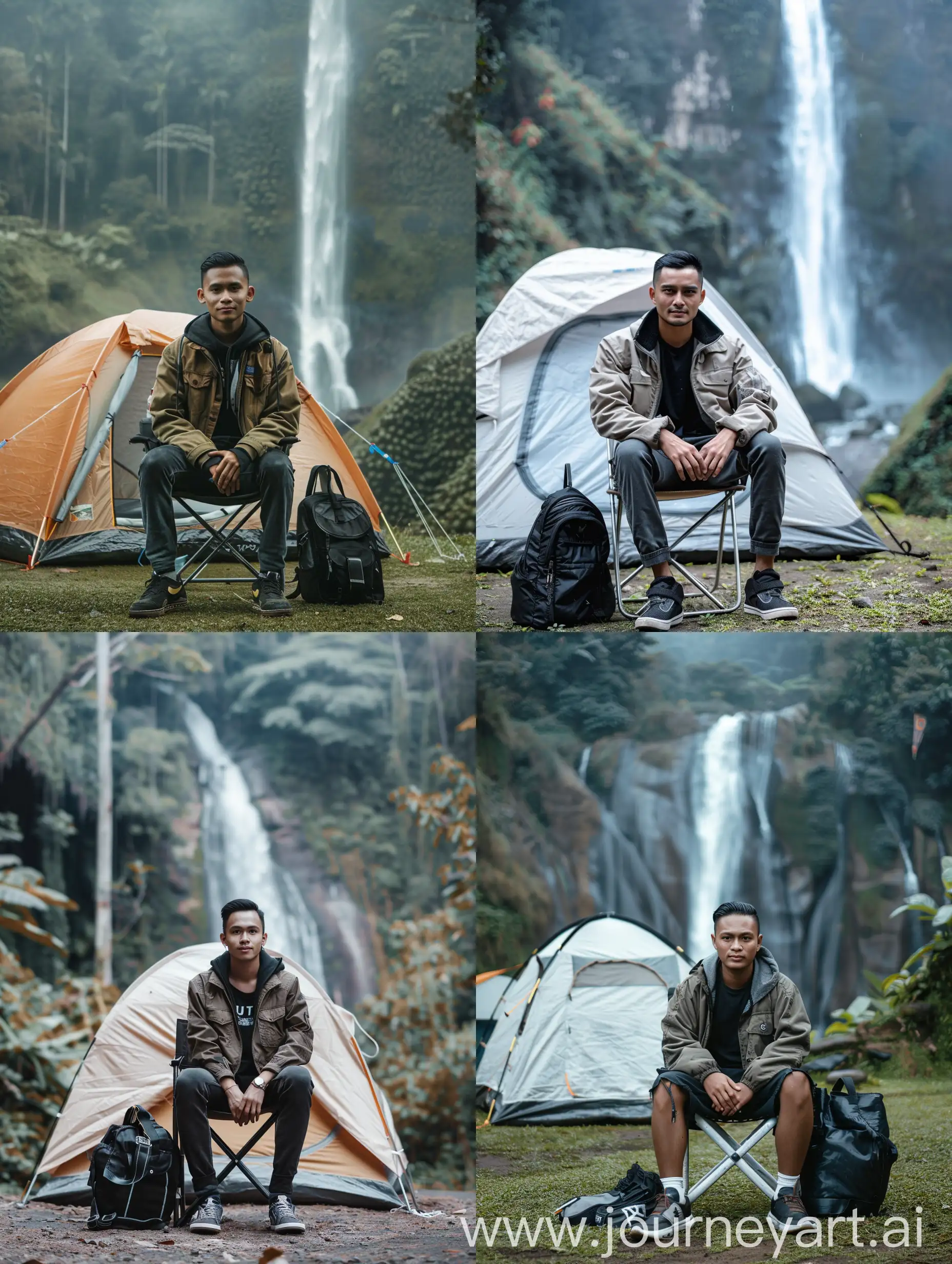 Handsome Javanese Indonesian man (25 years old, oval and clean face, ideal body and neat, Indonesian skin, wearing a trucker jacket and black bag and sneakers, pose sitting on a folding chair, photography style photo facing front, there is a tent beside him, face visible , behind near the man there is a beautiful waterfall, bright ultra HD atmosphere, original photo, high detail, very sharp, 18mm lens, realistic, photography, Leica camera